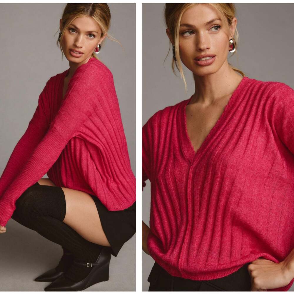 ANTHROPOLOGIE x PILCRO V-Neck Boxy Rib Sweater Magenta Pink Sz XL {XX14}